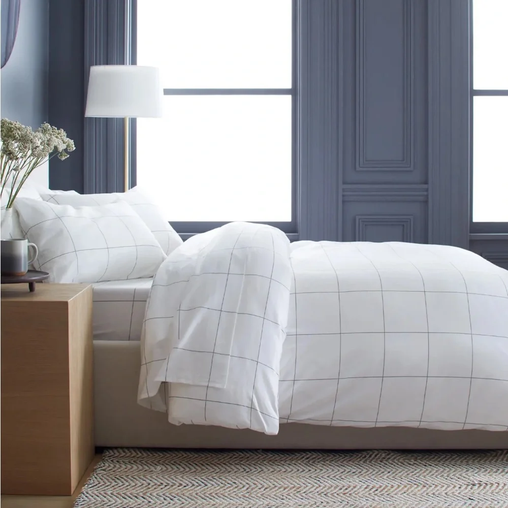 QUINCE Luxury Organic Sateen Duvet Cover Windowpane King Cal King
